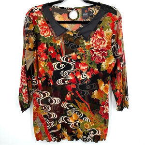 Anac Mesh Overlay Top Women's XL Fall Colorway Asian-Inspired Artistic Artsy Y2K